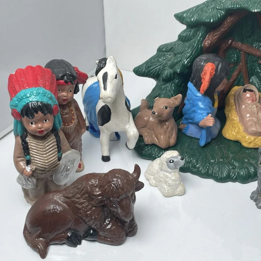 Native American Kimple‎ Nativity Set Hand painted With Woodland Cloche 15 Pieces